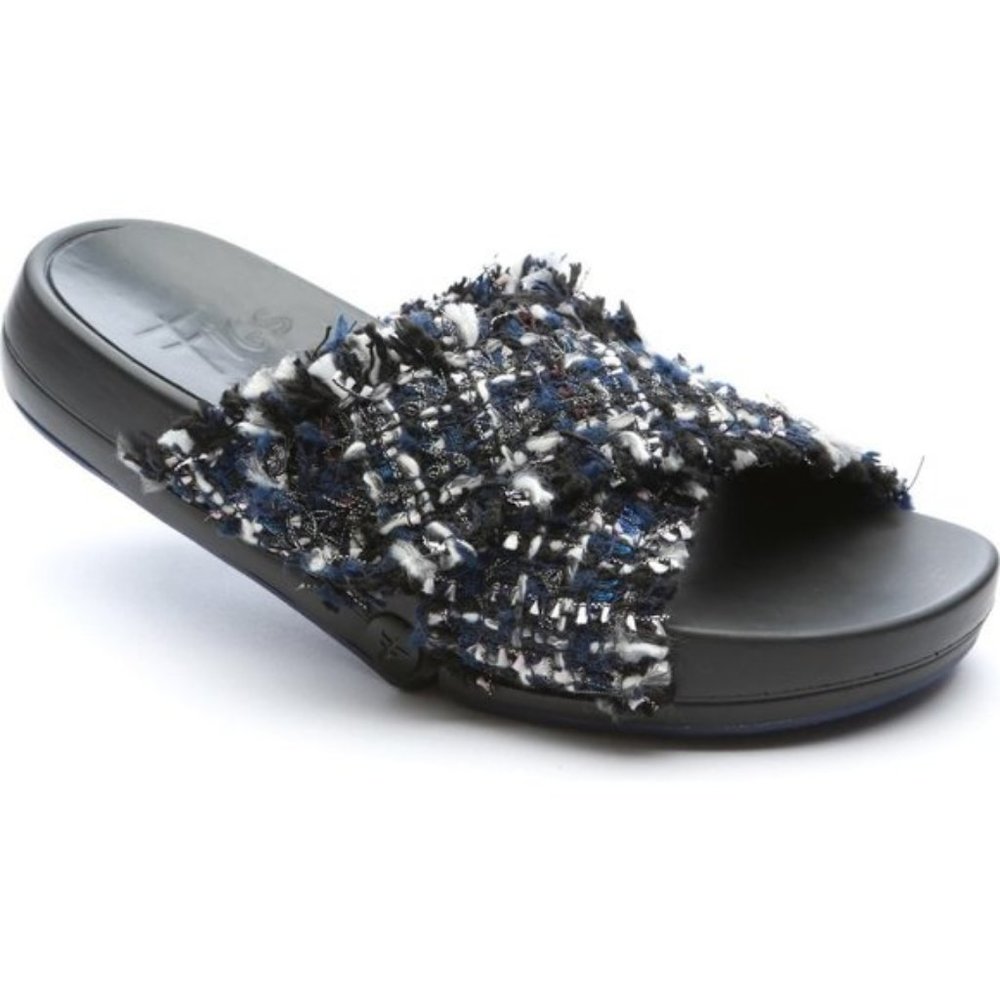 Blue and Black Figs by Figueroa Tweed Strap Slip-On Sandals